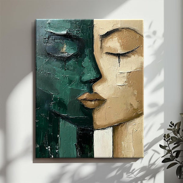 Cuadro Moderno Óleo Rostro Verde y Beige - Arte Contemporáneo para Sala y Dormitorio
