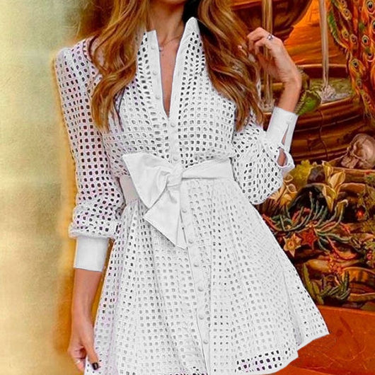 Vestido Camisero Blanco Mesh Manga Larga Ajustado - Image 6