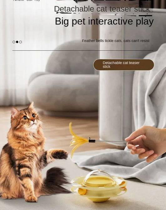 Yellow UFO tumbler cat toy with rolling balls, a clear dome, and a spring-mounted feather wand with a bell. - Image 11