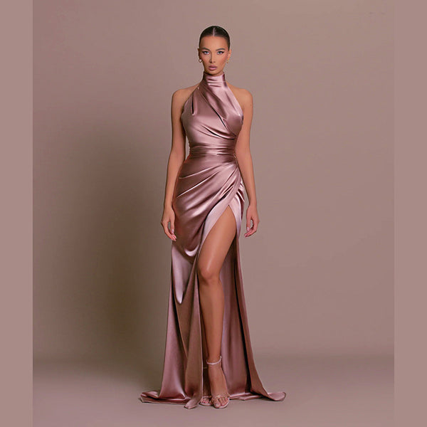 Vestido Largo Elegante Cuello Alto sin Mangas con Abertura Lateral