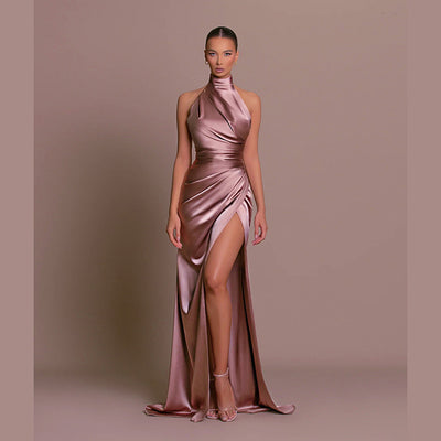 Vestido Largo Elegante Cuello Alto sin Mangas con Abertura Lateral