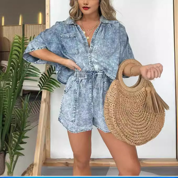 Conjunto de Verano Mujer: Camisa Suelta con Mangas Murciélago y Short con Cordón
