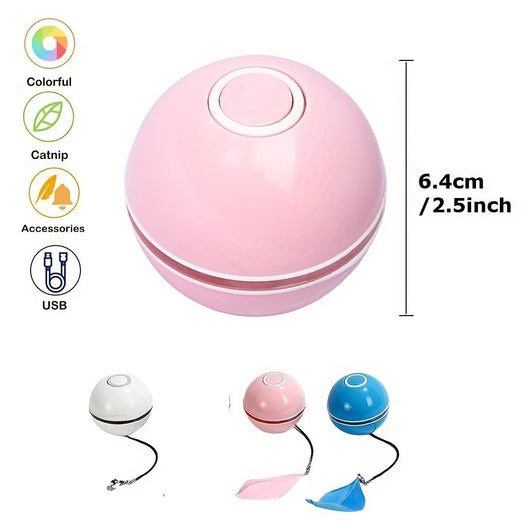 White electric interactive cat toy ball with LED light and feather attachment, shown with its white packaging box. - Image 12
