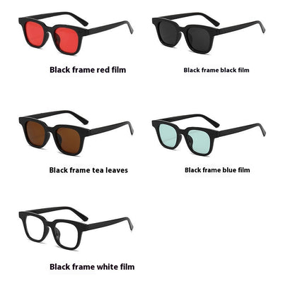 Black frame square sunglasses with light blue lenses, angled on a white background. - Image 24