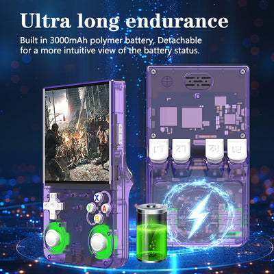 White handheld game console with a 4-inch HD screen, dual joysticks, and various buttons, shown with blue, black, and purple variants. - Image 5