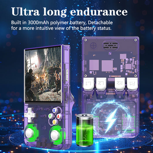 White handheld game console with a 4-inch HD screen, dual joysticks, and various buttons, shown with blue, black, and purple variants. - Image 5