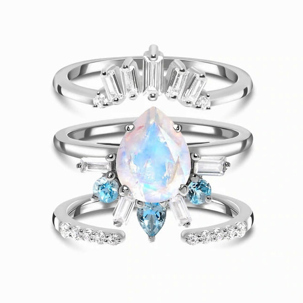 Anillo de Plata Esterlina con Piedra de Luna Gota de Agua Tres Capas para Mujer