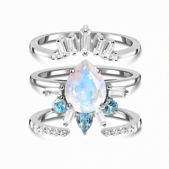 Anillo de Plata Esterlina con Piedra de Luna Gota de Agua Tres Capas para Mujer