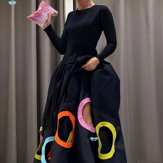 Vestido Largo Elegante para Mujer con Mangas Largas y Escote Redondo