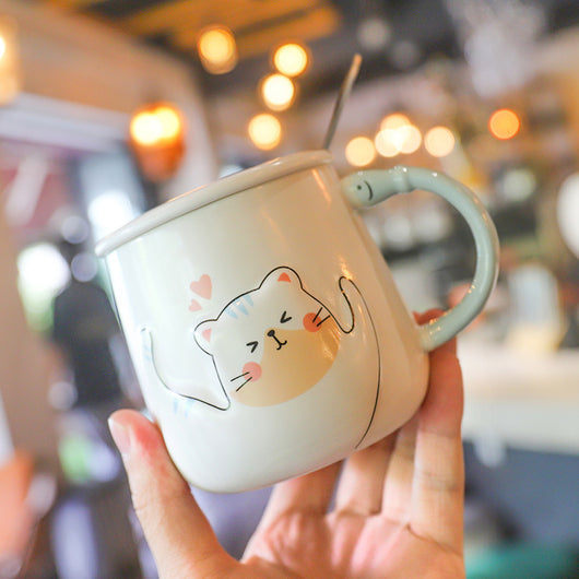 Taza Cerámica Gato Adorable con Tapa y Cuchara para Oficina - Image 3