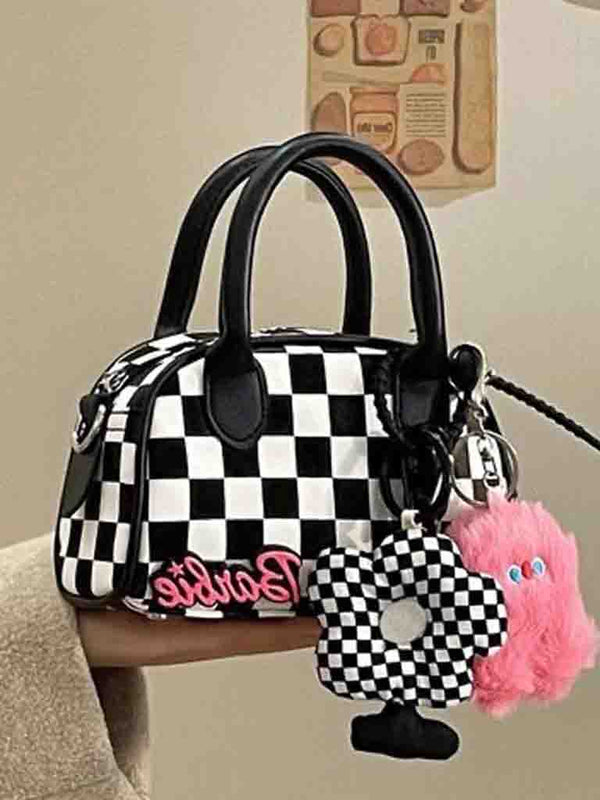 Bolso Pequeño Cuadros con Dije de Flor - Diseño Exclusivo y Moderno