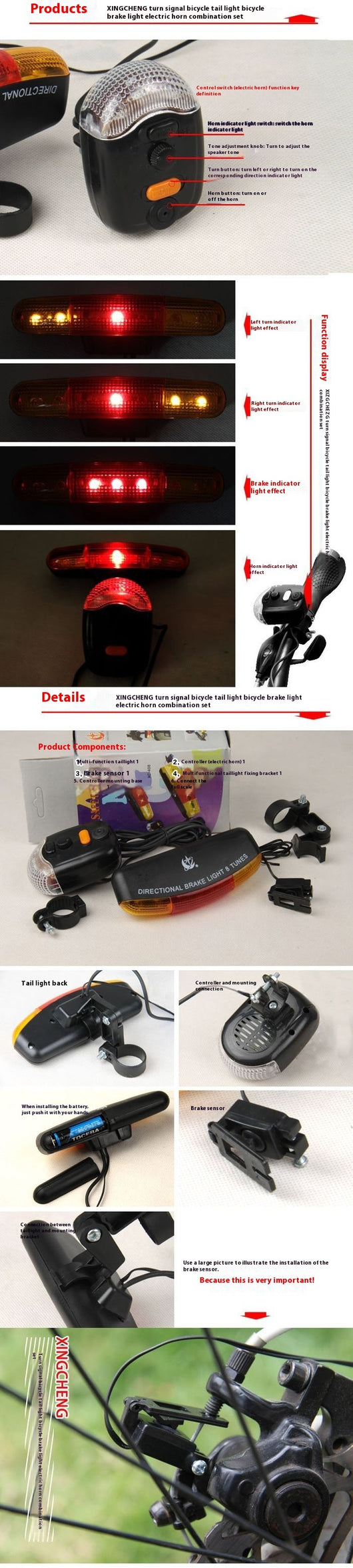 Kit de Seguridad para Bicicleta: Luz Trasera Inteligente + Bocina Electrónica 8 Tonos - Image 8