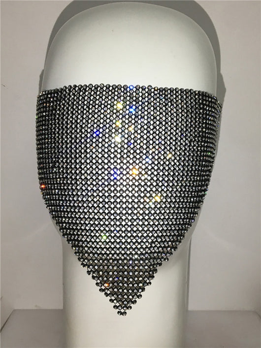 Gold rhinestone mask made of metal mesh, covering the face from the eyes to below the chin, displayed on a white mannequin head. - Image 24