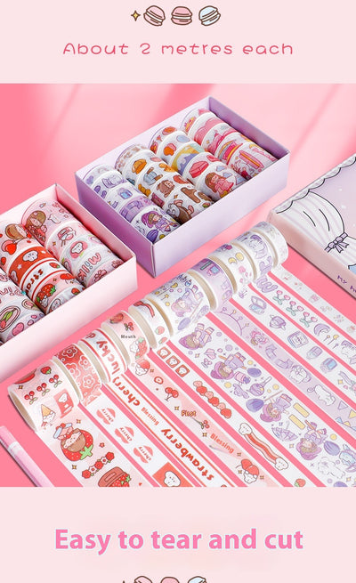 Set of 20 rolls of cute cartoon washi tape in a pink 'Peach Tea Talk' gift box, featuring peach, strawberry, and bear designs. - Image 17