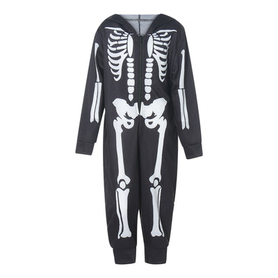 Black hooded one-piece skeleton pajamas with white bone print and front zipper, perfect for Halloween. - Image 3