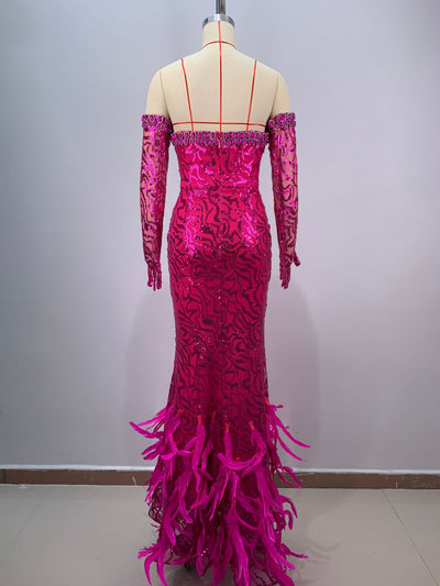 Vestido de Fiesta Sirena Ajustado con Plumas y Cola Voluminosa - Image 8
