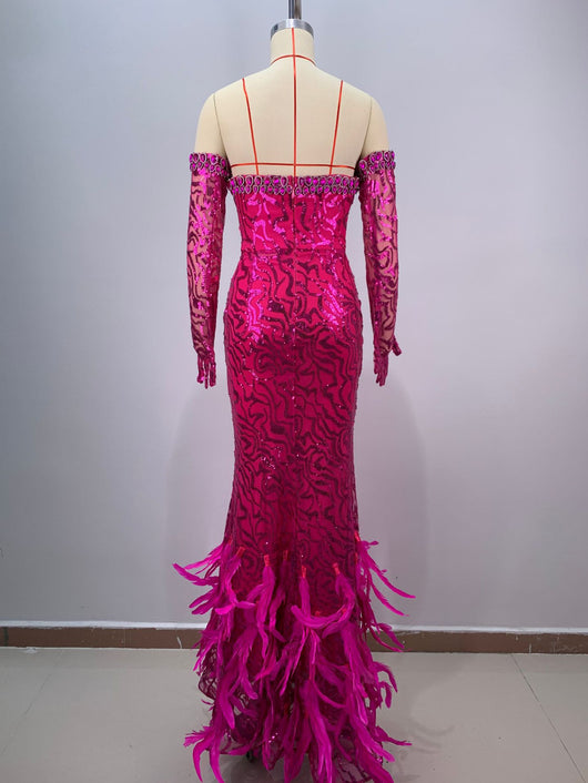 Vestido de Fiesta Sirena Ajustado con Plumas y Cola Voluminosa - Image 8