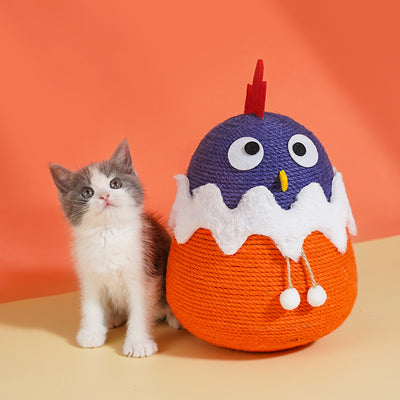 Purple and orange cotton rope cat toy shaped like a chick hatching from an egg with white faux fur trim.