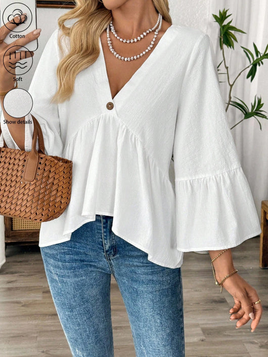 Blusa Cuello V con Mangas Volantes en Colores Sólidos - Image 11