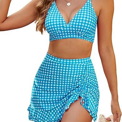 Black and white gingham two-piece swimsuit with a V-neck bikini top and a high-waisted ruched swim skirt. - Image 5
