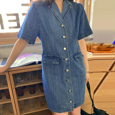 Vestido Denim Holgado con Bolsillos Dobles - Manga Corta - Image 6