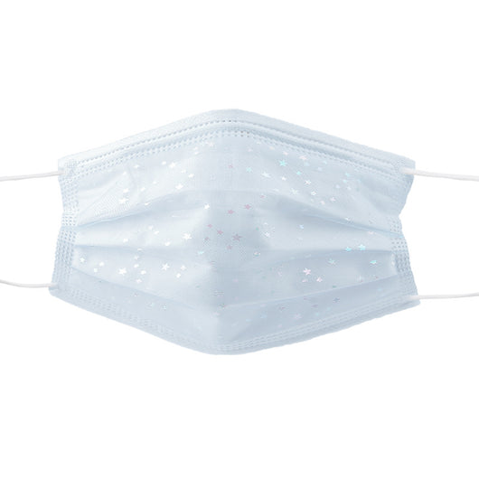 Light blue disposable face mask with iridescent butterfly patterns and white ear loops for dust protection. - Image 7