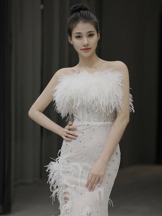 Vestido Fiesta Elegante sin Mangas con Plumas - Image 8