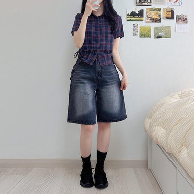 Camisa Cuadrille Retro con Pliegues Elegantes y Manga Corta - Image 20