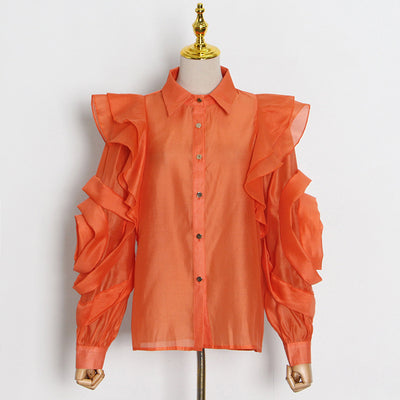 Blusa Organza Color Sólido con Cuello Solapa y Volantes - Image 15