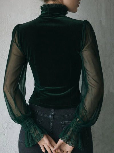 Blusa Negra de Encaje con Paneles de Malla y Detalles Florales Calados - Image 11