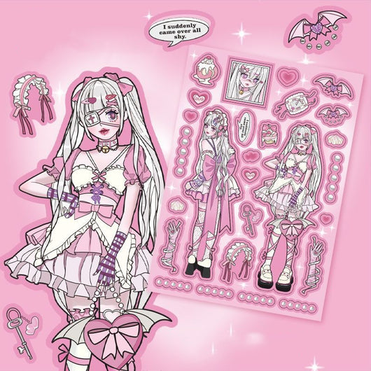 Sheet of self-adhesive stickers featuring an anime angel girl in various poses, hearts, pills, and a winged CD. - Image 7