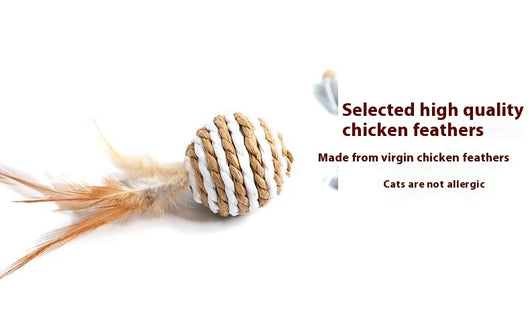 Cat teaser toy with a long wooden pole, a striped ball, brown feathers, and a small bell. - Image 19