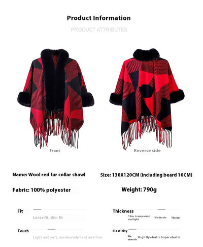 Chal Navideño Rojo con Cuello de Peluche, Diseño Jacquard y Borlas Geométricas - Image 6
