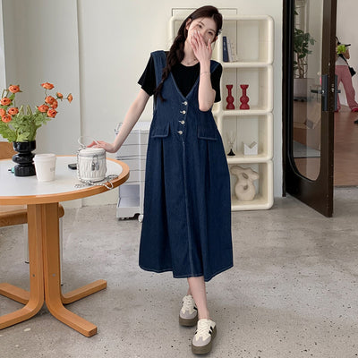 Conjunto de Dos Piezas: Falda Denim con Chaleco y Camiseta Base Talla Grande - Image 6