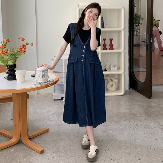 Conjunto de Dos Piezas: Falda Denim con Chaleco y Camiseta Base Talla Grande - Image 6