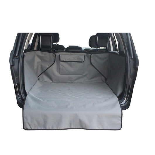 Black waterproof 600D Oxford cloth pet mat covering a vehicle's cargo area, featuring side flaps and a storage pocket. - Image 6