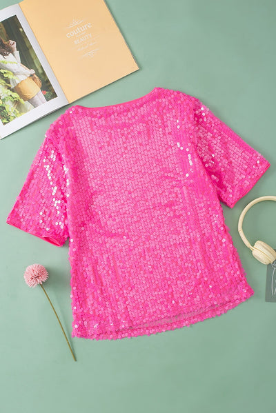 Blusa Brillante con Lentejuelas Cuello Redondo Manga Corta - Image 9