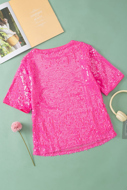 Blusa Brillante con Lentejuelas Cuello Redondo Manga Corta - Image 9