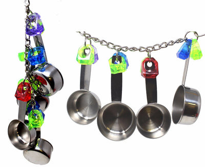 Stainless steel four-pot string toy for birds, featuring colorful plastic links and measuring cup-like pots. - Image 6