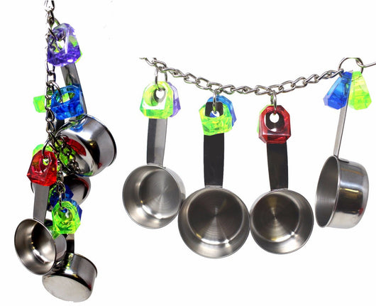 Stainless steel four-pot string toy for birds, featuring colorful plastic links and measuring cup-like pots. - Image 6
