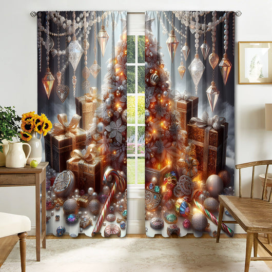 Christmas curtain with a snowy village scene, Santa Claus, flying reindeer, and piles of wrapped gifts. - Image 11