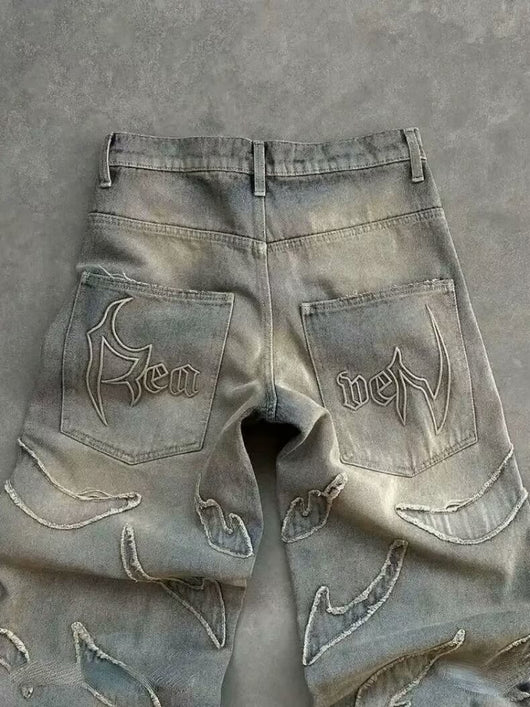 Pantalones Jeans Anchos Rotos Teñidos a Mano para Hombre - Image 8