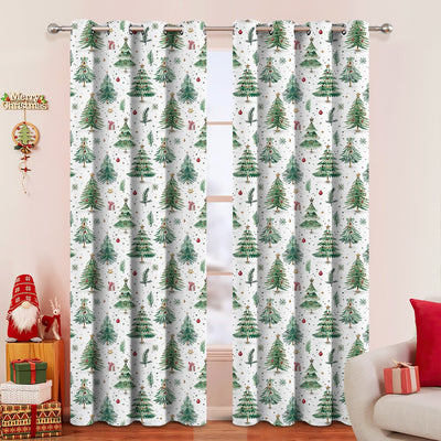 White Christmas curtains with green trees, red ornaments, and gold stars, hung on a silver rod. - Image 12