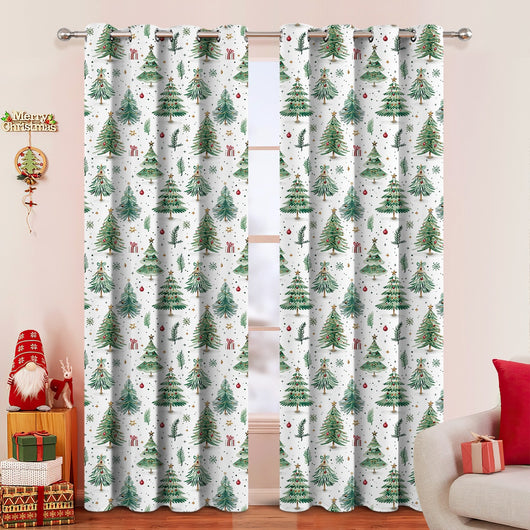White Christmas curtains with green trees, red ornaments, and gold stars, hung on a silver rod. - Image 12