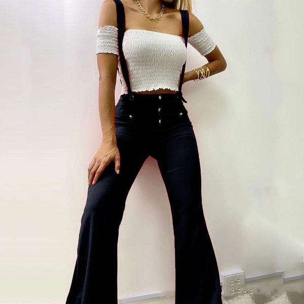 Pantalones Acampanados Cintura Alta con Tirantes Estilo Europeo