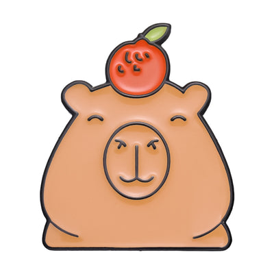Cute capybara enamel brooch wearing a pink donut with sprinkles and "DONUT WORRY BE CAPPY" text. - Image 29