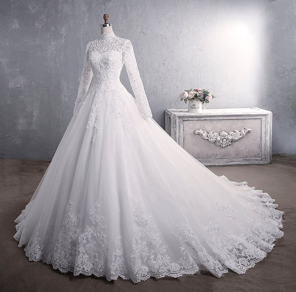 Vestido de Novia de Encaje con Cuello Alto y Mangas Largas Talla Grande