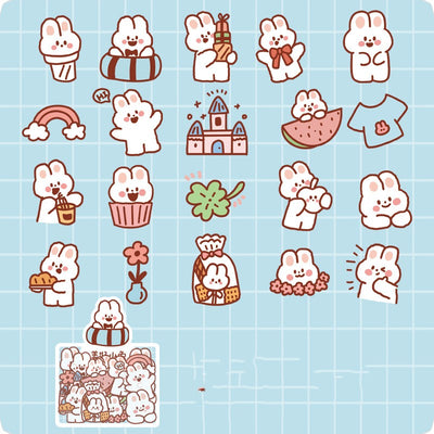40-piece pack of cute white bunny PET stickers with pink outlines, showing the bunny in various activities like driving, fishing, and holding flowers, on a pink - Image 19