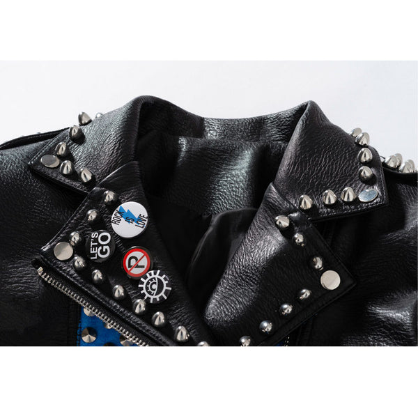 Chaqueta de Cuero Motociclista Talla Grande Ajuste Slim con Remaches y Letras