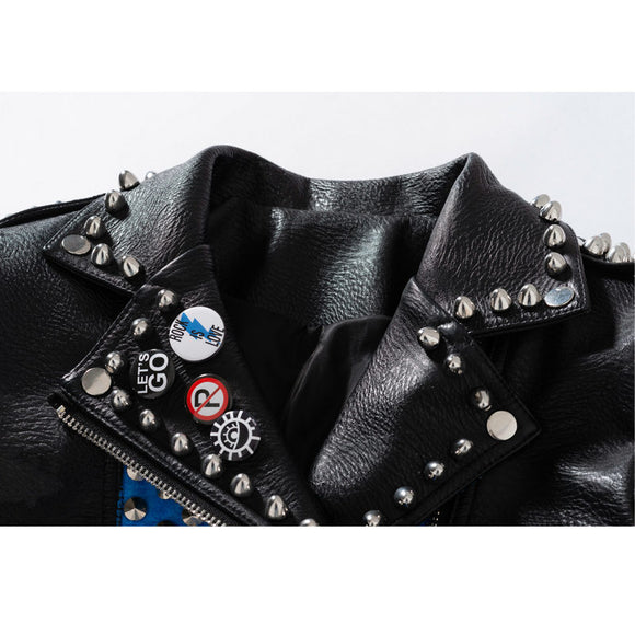 Chaqueta de Cuero Motociclista Talla Grande Ajuste Slim con Remaches y Letras